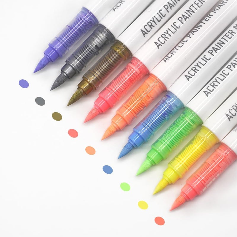 Yolaka Water Based Acrylic Paint Markers, 9 Colors Acrylic Paint Pens Set with Soft Brush Tip, Marker Pen for Rock Painting, Egg, Wood, Glass, Paper, Mugs, Acrylic Painter Ink (Dopamine Series) - Image 1